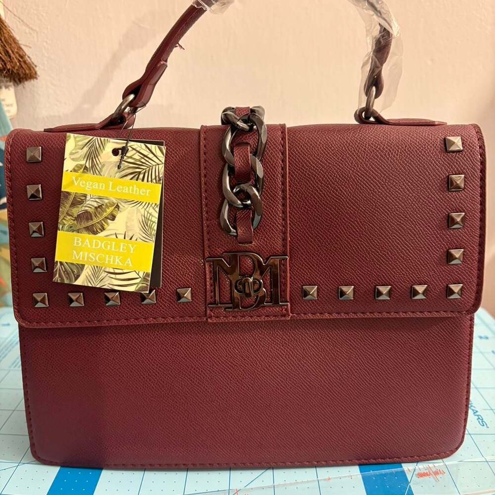 Badgley Mischka Burgundy Vegan Leather Studded Satchel Bag